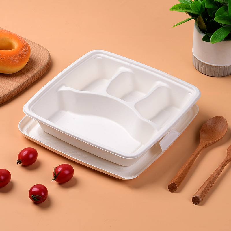 Compostable 9-inch 4-6 Compartment Bento Box – Sugarcane Pulp Fast Food Tray