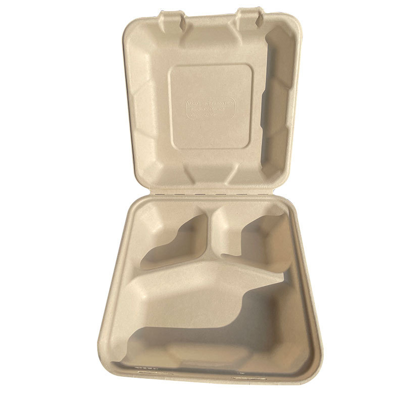 Compostable 8-inch 3-Compartment Lock Box – Sugarcane Pulp Fast Food Container