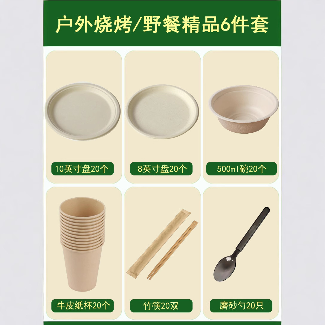 Outdoor Picnic Party Set – Compostable Bowls Plates Cups Cutlery Camping Kit