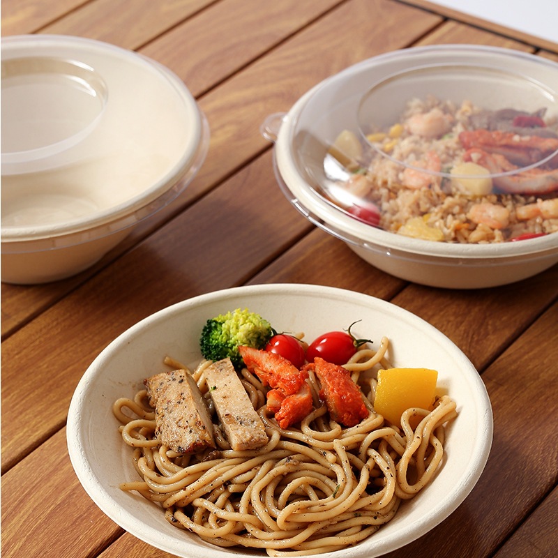 Heavy-Duty Round Noodle Salad Bowl with Lid – Sugarcane Pulp Bento Container