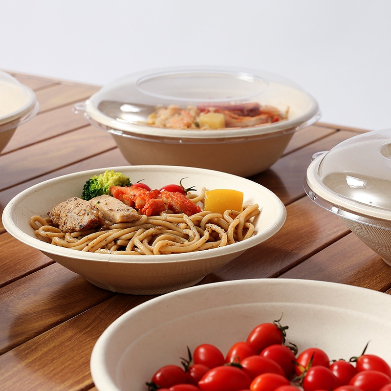 Heavy-Duty Round Noodle Salad Bowl with Lid – Sugarcane Pulp Bento Container