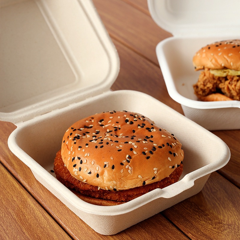 Disposable Butter Rice Cake Burger Box – Sugarcane Pulp Pastry Takeout Container