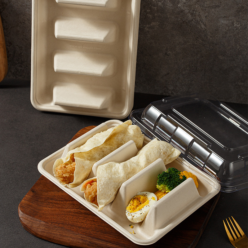 Compostable American-Style Taco Box – Rectangular Divided Takeout Container